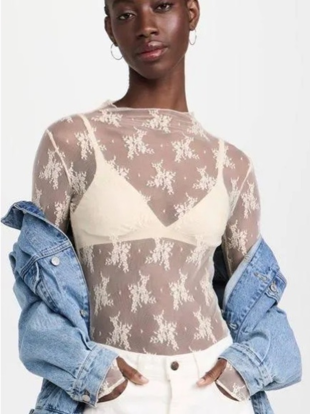 Sheer Long-Sleeve Floral Lace Top in Ivory - Picture 4 of 12